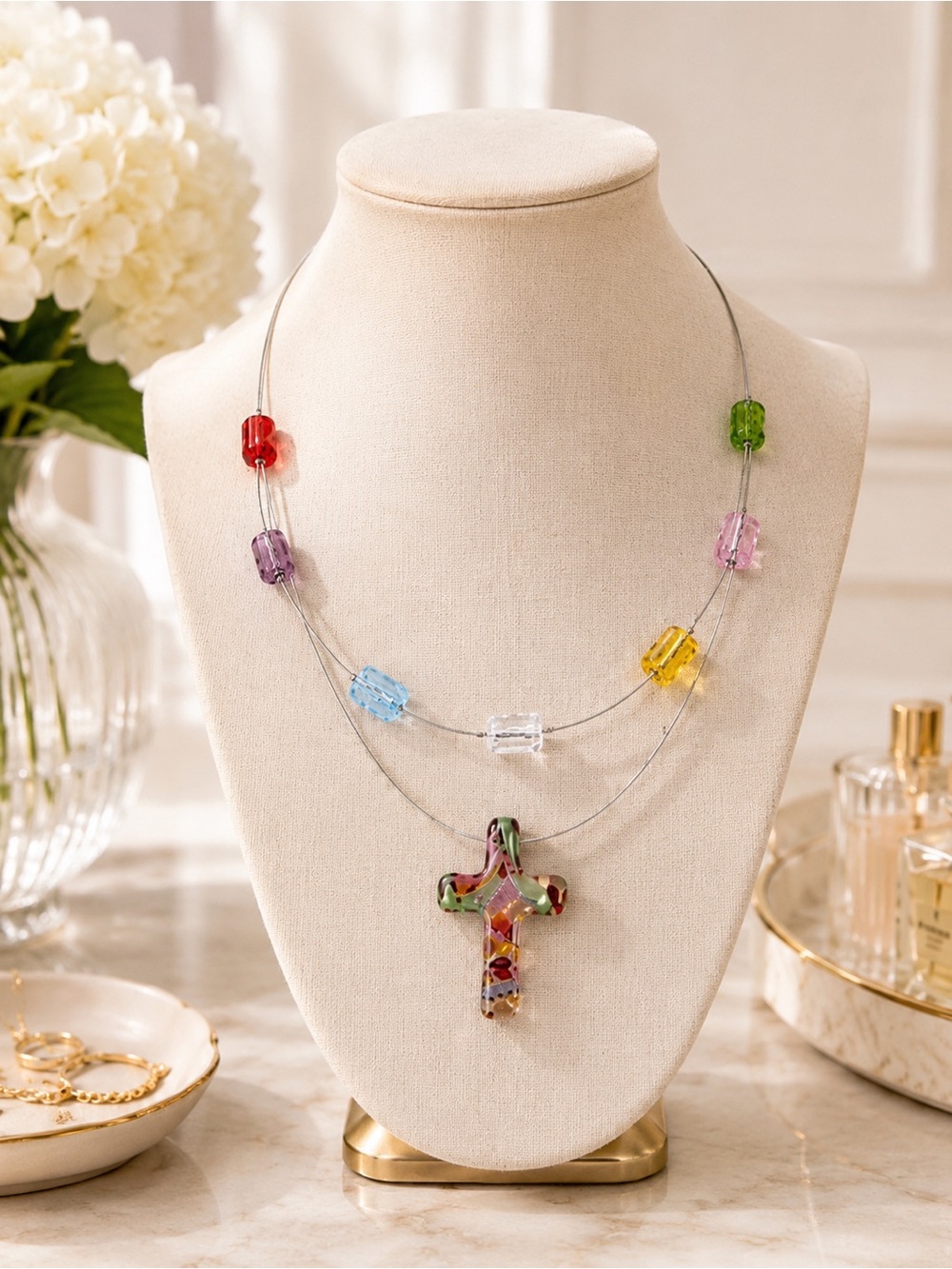 Virtues Handcrafted Glass Cross Necklace Multi Color Bead Silver 18” NWT